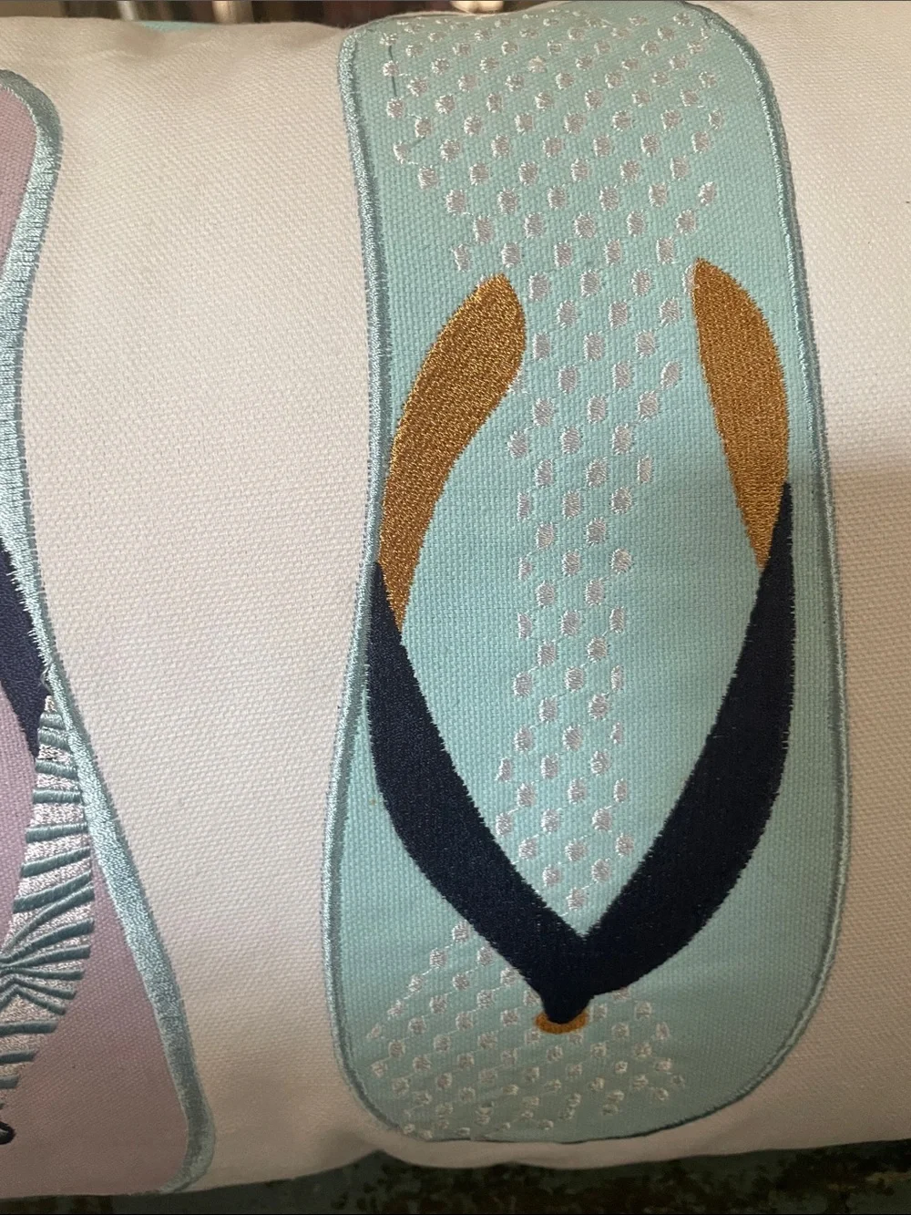 Embroidered Flip Flop Decorative Pillow - Lavender & Aqua